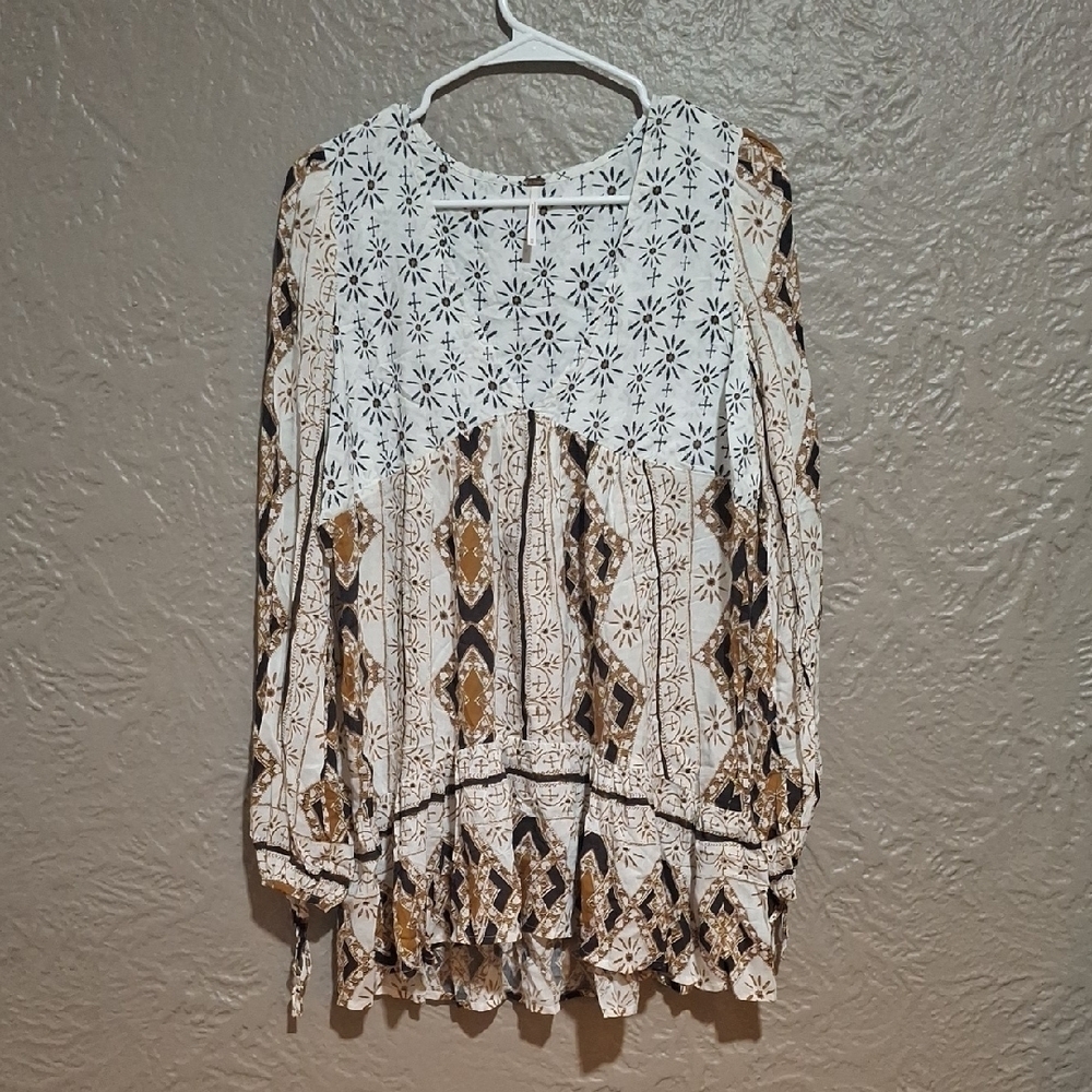 Free People Wome's Floral and Geometric Blouse - White and Brown Size XS